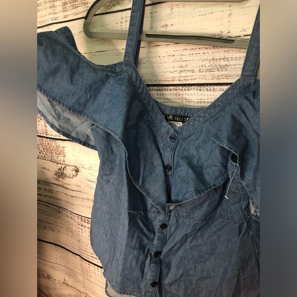 VENUS Blue Sleeveless Blouse with Ruffled Neckline - Picture 6 of 12